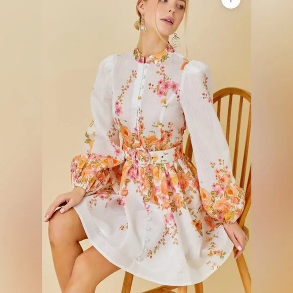 Mainstrip Amy Floral Print Dress Long Sleeve Holiday Mini White Medium No Belt - Picture 3 of 15